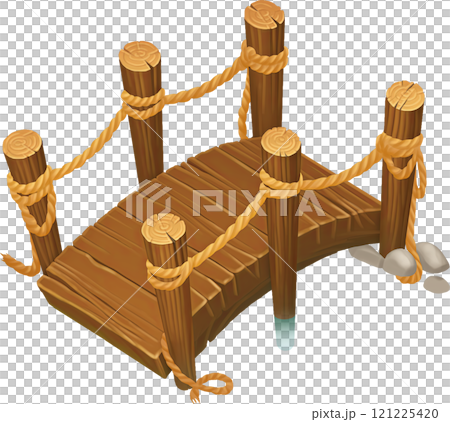 A crudely made bridge of wooden planks and ropes. 121225420
