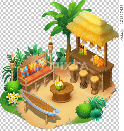 Isometric scene with a tiki bar and some furniture on a sand 121225422