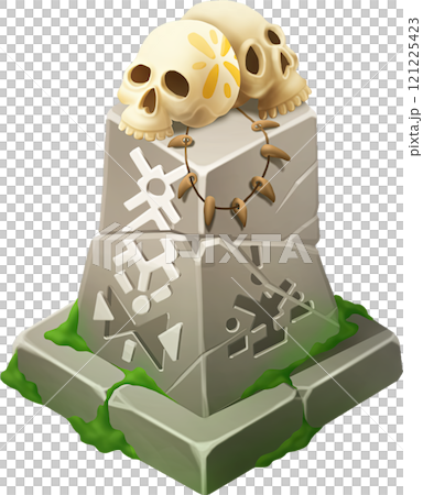 Isometric tiki altar or a grave with ancient symbols and two skulls 121225423