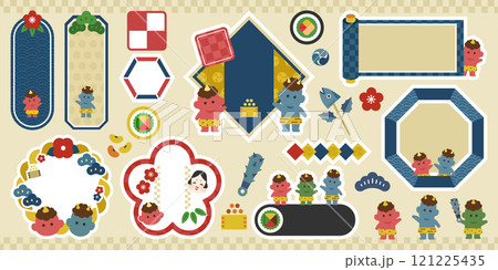節分の日｜かわいい鬼と恵方巻きのポップな和風デザインセット ベクター素材 文字なし 121225435