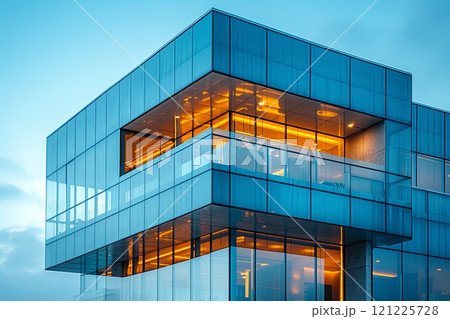 Tall building with a glass facade and a balcony, lit up with a warm glow, giving it a welcoming and inviting appearance 121225728