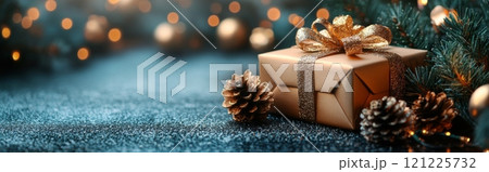 Christmas gold wrapped gift box with ribbon on blue background with copy space. Banner is joyful and celebratory Christmas gold wrapped gift box with ribbon on blue background with copy space. Banner is joyful and celebratory 121225732