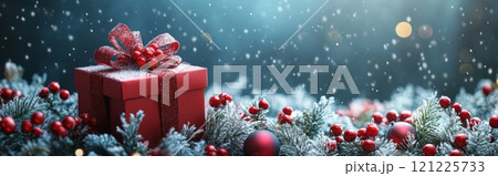 Red gift box with ribbon sits on snowy Christmas tree Red gift box with ribbon sits on snowy Christmas tree 121225733