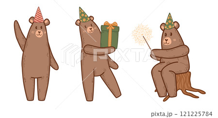 Three bears in party hats enjoying a celebration with gifts and sparklers. Whimsical woodland illustration for festive and playful projects. Perfect vector art for birthday themes or party decorations Three bears in party hats enjoying a celebration with gifts and sparklers. Whimsical woodland illustration for festive and playful projects. Perfect vector art for birthday themes or party decorations 121225784