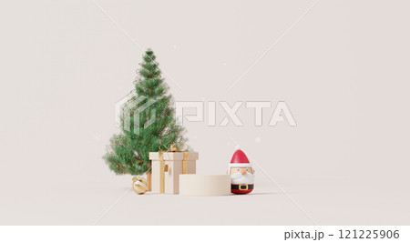 3D render, Merry Christmas and happy new year background with podium display platform, Christmas tree with presents, Santa , and ornaments. 3D render, Merry Christmas and happy new year background with podium display platform, Christmas tree with presents, Santa , and ornaments. 121225906