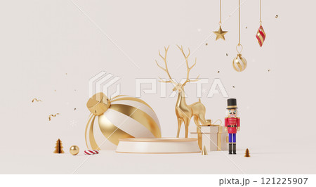 3D render, Merry Christmas and happy new year background with podium display platform, Gold Christmas ornaments, reindeer, nutcracker, and festive decorations. 121225907