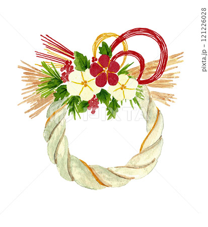 水彩で描いたしめ縄飾りの手描きイラスト素材 白バック 透過背景 コピースペースあり 水彩で描いたしめ縄飾りの手描きイラスト素材 白バック 透過背景 コピースペースあり 121226028