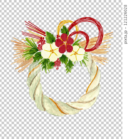 水彩で描いたしめ縄飾りの手描きイラスト素材 白バック 透過背景 コピースペースあり 水彩で描いたしめ縄飾りの手描きイラスト素材 白バック 透過背景 コピースペースあり 121226028