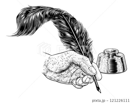 Quill Feather Ink Pen Hand Vintage Woodcut Print 121226111