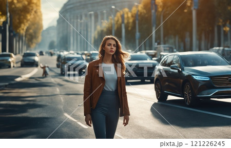 Scared woman in stress portrait went near auto crash try to find something on accident place. Driver woman crying in front of wrecked car in car accident. Dangerous road traffic situation. square. AI 121226245