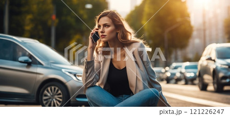 Scared woman in stress portrait near auto crash calling to auto insurance for help. Driver woman crying in front of wrecked car in car accident. Dangerous road traffic situation. AI 121226247