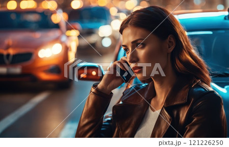 Scared woman in stress portrait near auto crash calling to auto insurance for help. Driver woman crying in front of wrecked car in car accident. Dangerous road traffic situation. AI 121226250