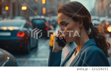 Scared woman in stress portrait near auto crash calling to auto insurance for help. Driver woman crying in front of wrecked car in car accident. Dangerous road traffic situation. AI 121226251