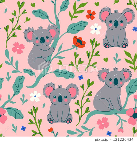 Seamless pattern with cute koalas and flowers. Vector graphics Seamless pattern with cute koalas and flowers. Vector graphics 121226434