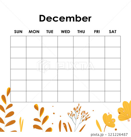 December. Calendar planner. Corporate week. Template layout, 12 months yearly, white background. Simple design for business brochure, flyer, print media, advertisement. Week starts from Monday 121226487