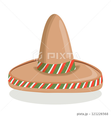 Mexican ethnic sombrero hat isolated element. Vector drawing illustration for icon, game, packaging, banner. Wild west, Mexico concept. Traditional Mexican wide brimmed hat 121226568