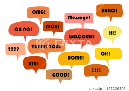Set of color speech bubbles Short Phrases. Cartoon Vector illustration. Isolated on transparent white background. Hand draw style, dialog clouds Set of color speech bubbles Short Phrases. Cartoon Vector illustration. Isolated on transparent white background. Hand draw style, dialog clouds 121226593