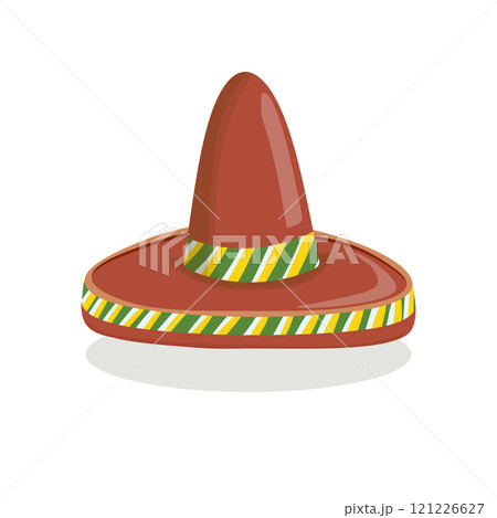 Mexican ethnic sombrero hat isolated element. Vector drawing illustration for icon, game, packaging, banner. Wild west, Mexico concept. Traditional Mexican wide brimmed hat 121226627