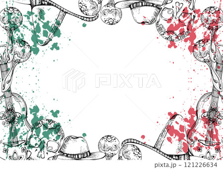 Mexican symbols sombrero hat, guitar maracas mariachi musical instruments, red green splashes. Hand drawn ink vector isolated illustration card border frame. Travel vacation, folk concert brochure Mexican symbols sombrero hat, guitar maracas mariachi musical instruments, red green splashes. Hand drawn ink vector isolated illustration card border frame. Travel vacation, folk concert brochure 121226634