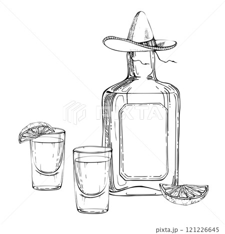 Tequila liquor alcohol bottle in sombrero, shot glasses with lime citrus slice. Vodka whisky cocktail. Hand drawn ink vector isolated illustration. Design travel, vacation brochure, shop, bar pub menu Tequila liquor alcohol bottle in sombrero, shot glasses with lime citrus slice. Vodka whisky cocktail. Hand drawn ink vector isolated illustration. Design travel, vacation brochure, shop, bar pub menu 121226645