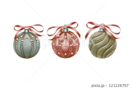 Vintage Christmas tree balls are covered with velvet, decorated with beads and gold threads with red ribbon in a bow for decorating holiday cards,invitations.Watercolor set on transparent background 121226707