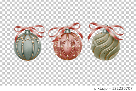Vintage Christmas tree balls are covered with velvet, decorated with beads and gold threads with red ribbon in a bow for decorating holiday cards,invitations.Watercolor set on transparent background 121226707