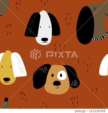 Vector seamless repeating childish pattern with cute dogs in Scandinavian style. Animals background with dog, pets, puppy for invitation, poster, card, flyer, textile, fabric Vector seamless repeating childish pattern with cute dogs in Scandinavian style. Animals background with dog, pets, puppy for invitation, poster, card, flyer, textile, fabric 121226768