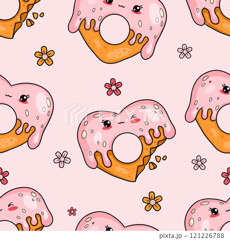 Seamless pattern with cute gingerbread heart with drops of glaze on pink background with flowers. Funny romantic kawaii cartoon character sweet food. Vector illustration. 121226788