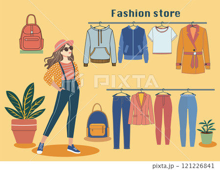 Flat design Young girl in fashion store or market illustration. Flat design Young girl in fashion store or market illustration. 121226841
