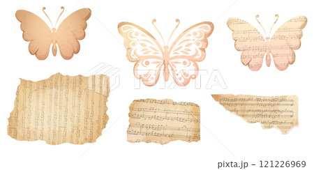 Set Butterfly silhouette papercut from parchment with music vintage decoration scrapbook element isolated on white background. 121226969