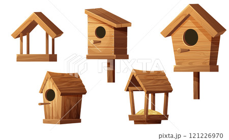Set wooden bird feeder and bird house with roof, hole and seeds isolated on white background. Hanging construction, bird care. Set wooden bird feeder and bird house with roof, hole and seeds isolated on white background. Hanging construction, bird care. 121226970
