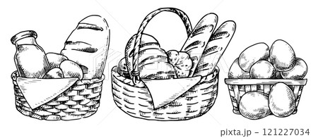 farm products in baskets, eggs, milk, bread. Vector illustration in sketch style. vintage 121227034