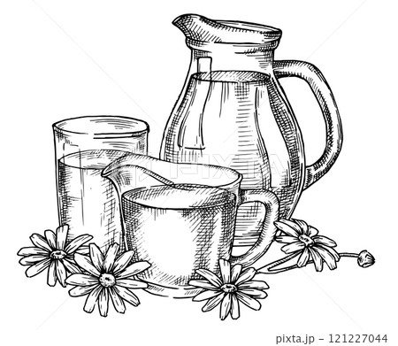 jug and glass of milk. Vector illustration in sketch style. farm products, vintage jug and glass of milk. Vector illustration in sketch style. farm products, vintage 121227044