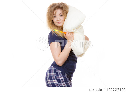 Sleepy happy woman hugging white pillow 121227162