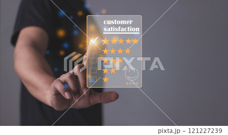 Customer Satisfaction, Young Man hand touching five star to review and give 5 stars Customer Satisfaction, Young Man hand touching five star to review and give 5 stars 121227239