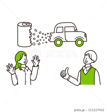アルミ缶がリサイクルされて車になっているイメージと笑顔の女性と男性のシンプルなイラスト素材 アルミ缶がリサイクルされて車になっているイメージと笑顔の女性と男性のシンプルなイラスト素材 121227432