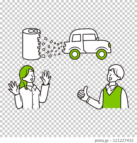 鋁罐被回收製成汽車的圖像以及微笑的女人和男人的簡單插圖 鋁罐被回收製成汽車的圖像以及微笑的女人和男人的簡單插圖 121227432