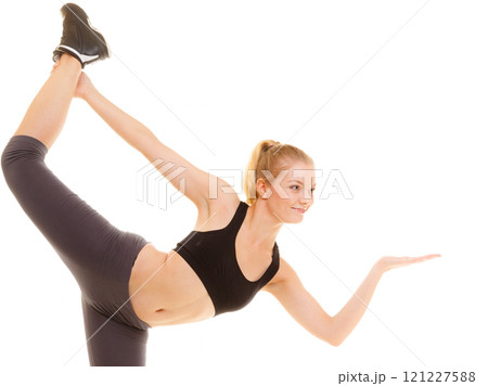 sporty girl showing blank copy space on hand 121227588