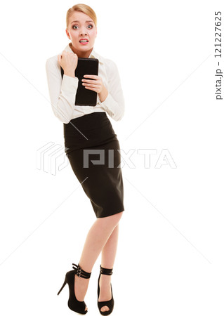Afraid businesswoman shy woman. Stress in work. Afraid businesswoman shy woman. Stress in work. 121227625