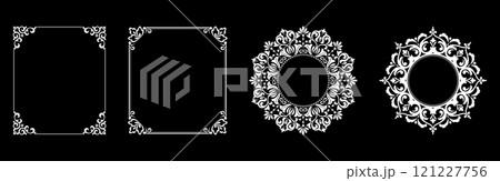 Set of decorative frames Elegant vector element for design in Eastern style, place for text. Floral black and white borders. Lace illustration for invitations and greeting cards. Set of decorative frames Elegant vector element for design in Eastern style, place for text. Floral black and white borders. Lace illustration for invitations and greeting cards. 121227756
