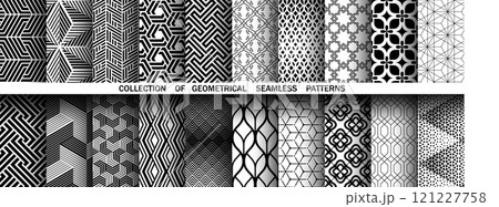 Geometric set of seamless black and white patterns. Simple vector graphics. 121227758