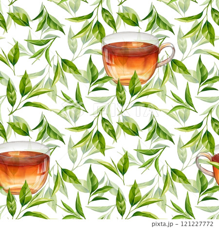 Seamless pattern with tea leaves and tea cups. Floral background 121227772