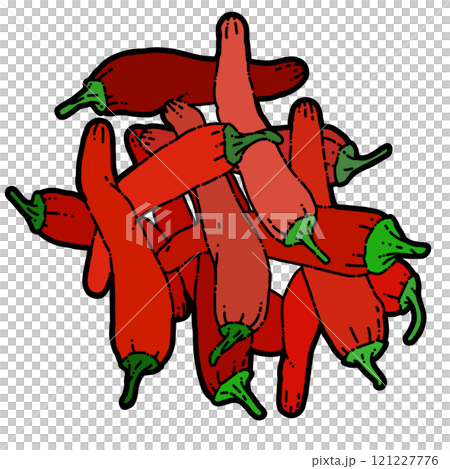 たくさんのヘタがついた真っ赤な唐辛子 121227776