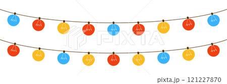 String of lights in line with sketchy doodle art. Decorative border for Christmas holiday and party designs. Flat vector illustration isolated on white background. String of lights in line with sketchy doodle art. Decorative border for Christmas holiday and party designs. Flat vector illustration isolated on white background. 121227870