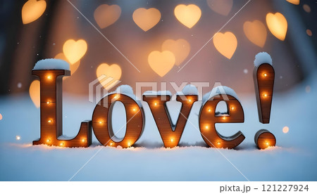 Wooden "Love!" sign on soft snow with glowing heart-shaped bokeh lights in the background 121227924