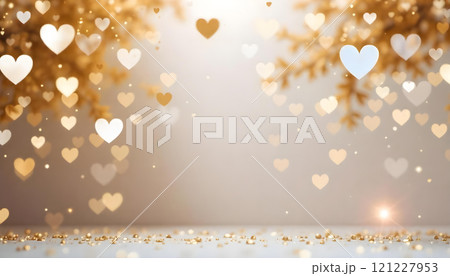 A golden heart-shaped bokeh background with a soft, blurred foreground and a glowing 121227953