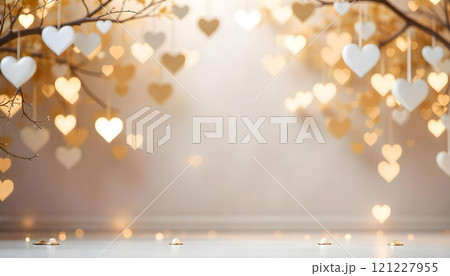A golden heart-shaped bokeh background with a soft, blurred foreground and a glowing 121227955