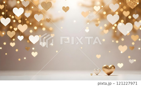 A golden heart-shaped bokeh background with a soft, blurred foreground and a glowing 121227971