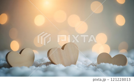 Wooden heart decorations arranged white snow with a dreamy golden background, a romantic atmosphere 121228013