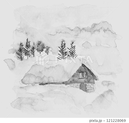 水彩で描いた雪景色の手描きモノトーンイラスト素材  121228069